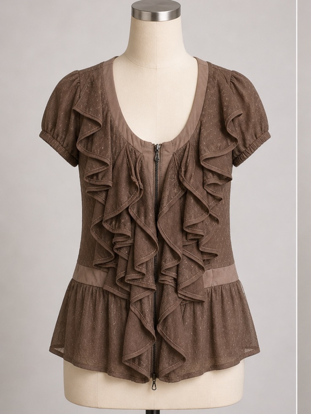 NWT Per Me Brown Cascading Ruffle Zip Front Blouse Size HK 42 Boho Fairycore